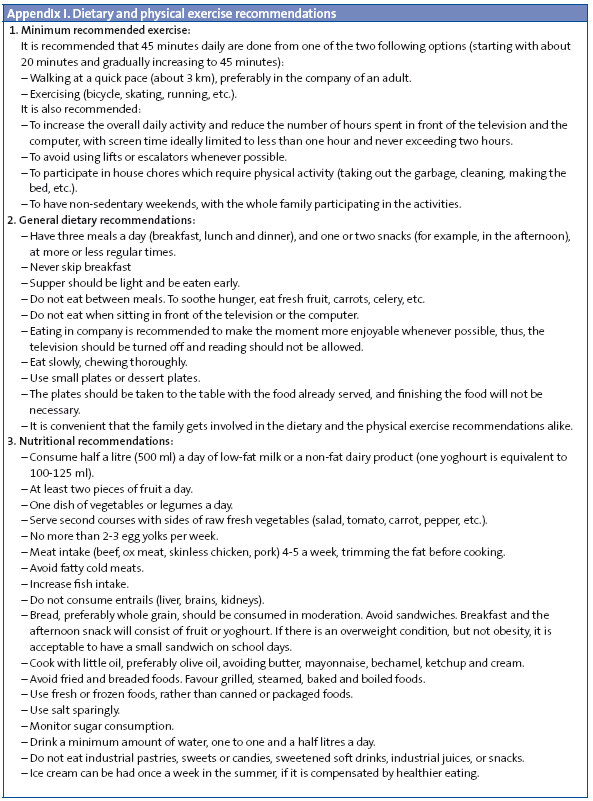 Appendix I. Dietary and physical exercise recommendations