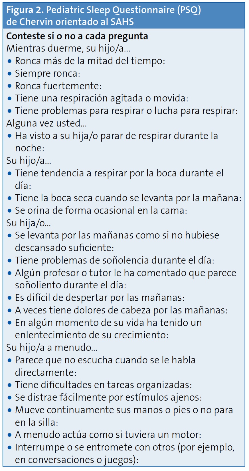 Figura 2. Pediatric Sleep Questionnaire (PSQ) de Chervin orientado al SAHS