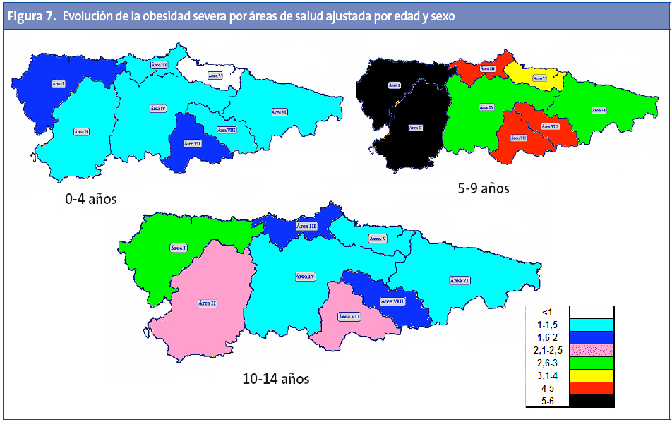 Figura 7. Evolución de la obesidad severa por áreas de salud ajustada por edad y sexo