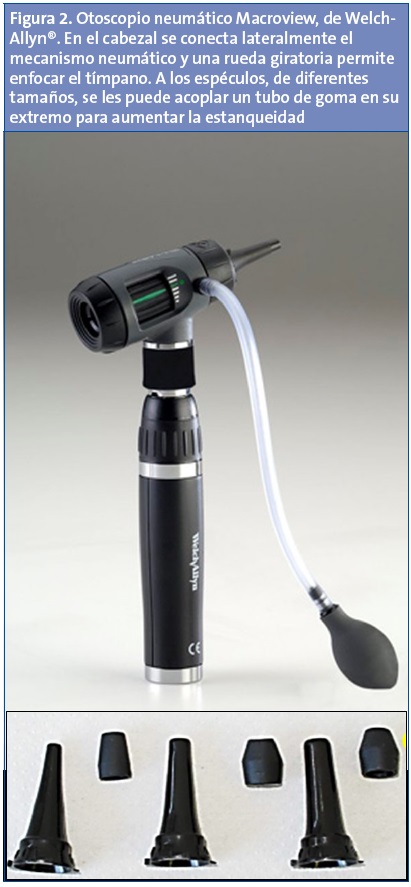 Figura 2. Otoscopio neumático Macroview, de Welch-Allyn®. En el cabezal se conecta lateralmente el mecanismo neumático y una rueda giratoria permite enfocar el tímpano. A los espéculos, de diferentes tamaños, se les puede acoplar un tubo de goma en su extremo para aumentar la estanqueidad