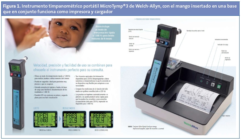Figura 1. Instrumento timpanométrico portátil MicroTymp®3 de Welch-Allyn, con el mango insertado en una base que en conjunto funciona como impresora y cargador.