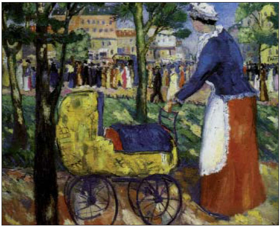 cuadro niñera paseando bebé