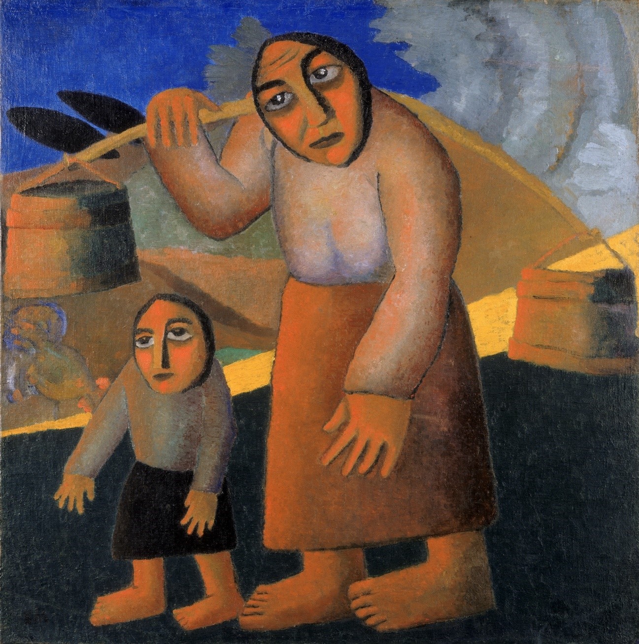 Campesina con cubos y niño.