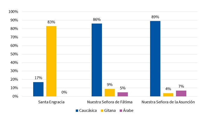 Porcentaje de niños según etnia en cada colegio