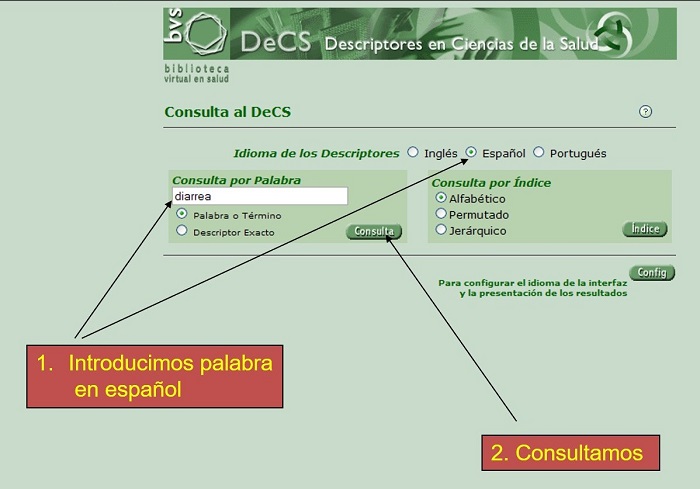 Figura 2. Pantalla inicial de búsqueda en la página del tesauro de los Descriptores de Ciencias de la Salud (DeCS)
