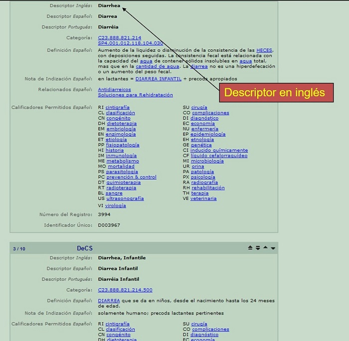 Figura 3. Resultado de búsqueda en la página del tesauro de los Descriptores de Ciencias de la Salud (DeCS)