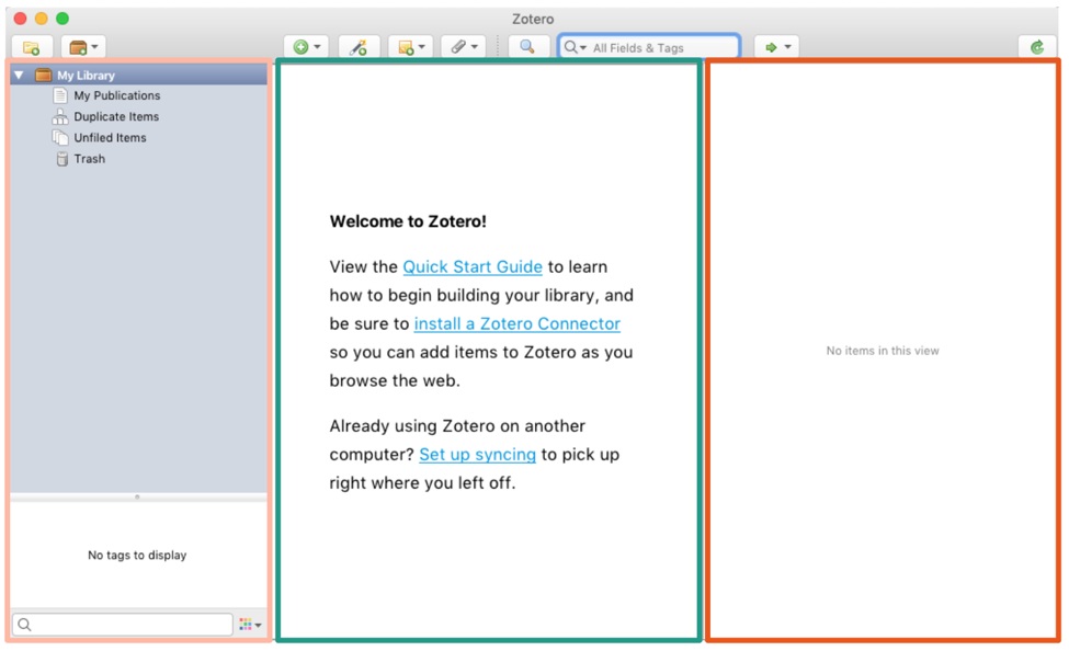 Figura 1. Escritorio de Zotero con sus tres columnas de trabajo