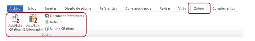 Figura 4. Iconos del plugin que Zotero instala en el procesador de textos Word para facilitar la inserción de citas y bibliografía en nuestro documento