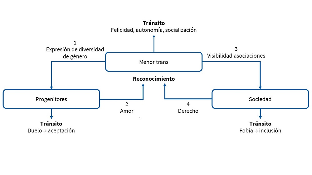 Figura 1. Resumen de las relaciones emergidas en las entrevistas entre menores trans, sus progenitores y la sociedad