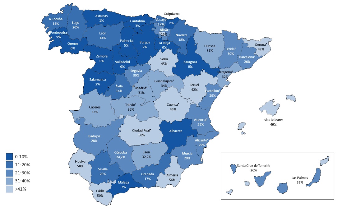 Figura 4. Porcentaje de plazas de Pediatría de Atención Primaria sin especialista en Pediatría por provincias (2018)