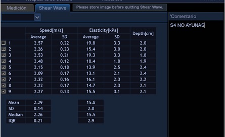 Figura 2. Valores numéricos de elastografía y velocidad de la transmisión ecográfica. A mayor cifra de kPa, mayor será la rigidez del hígado (y, por tanto, mayor será el grado de fibrosis)
