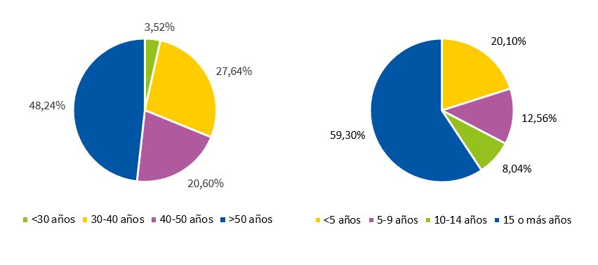 Figura 1. Datos demográficos de los profesionales encuestados (porcentaje [%] de PAP por edades y años trabajados en AP) 