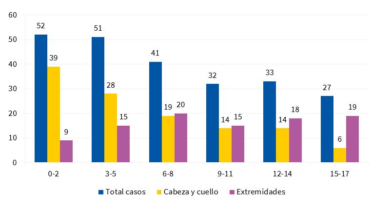 Figura 2. Mordeduras de perro, análisis epidemiológico (2011-2018): edad y localización de las lesiones