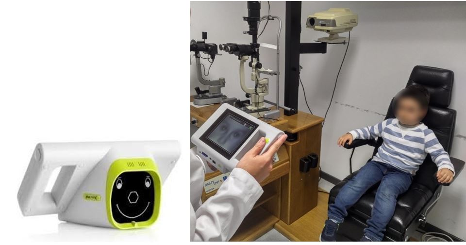 Figura 4. Fotorrefractómetro PlusOptiX A12C (PlusOptiX GmbH Alemania) a la izquierda y exploración visual de un niño con dicho fotorrefractómetro a la derecha 