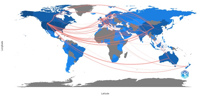 Figura 2. Mapa mundial de colaboración entre autores de diferentes países en la producción científica sobre el comportamiento suicida en niños y adolescentes durante la pandemia de COVID-19.