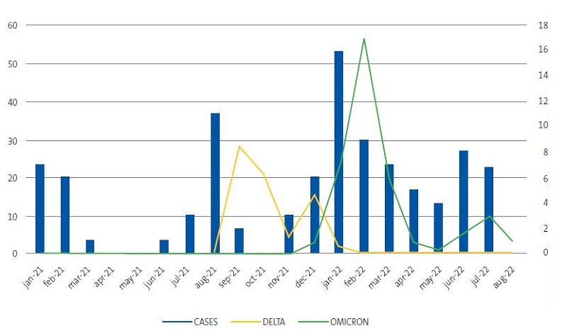 Figure 3. Temporal trends in hospital admissions and SARS-CoV-2 variants.