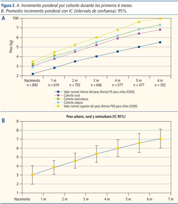 Figura 2. A. Incremento ponderal por cohorte durante los primeros 6 meses. B. Promedio incremento ponderal con IC (intervalo de confianza): 95%.