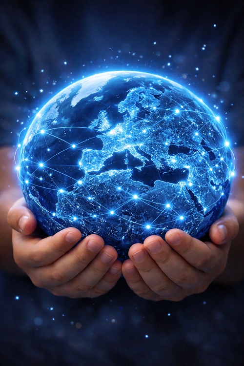 Niño sujetando un mundo digitalizado